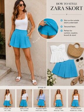 Zara Textured Turquoise Skort Skirt with Built-In Shorts XL